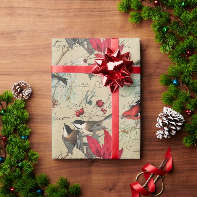 Vintage Red Poinsettia Birds Script Christmas Wrapping Paper (Holiday Gift)