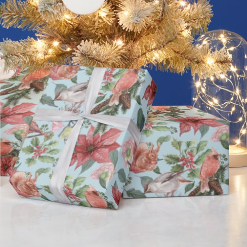 Vintage Red Poinsettia Cardinal Birds Christmas  Wrapping Paper