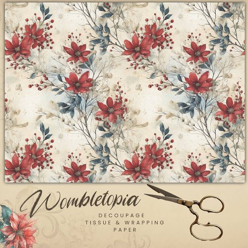 Vintage Red Poinsettia Christmas Decoupage  Tissue Paper