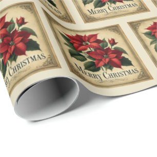 Vintage Red Poinsettia Merry Christmas  Wrapping Paper