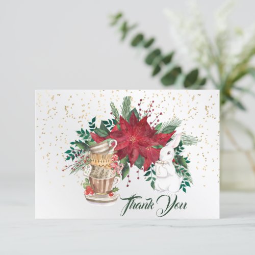 Vintage Red Poinsettia Teacups Rabbit Christmas Thank You Card