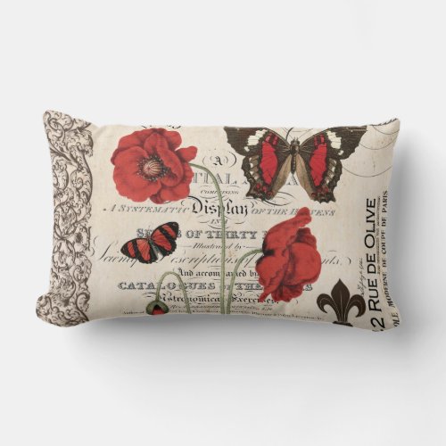 Vintage Red Poppies and Butterflypillow Lumbar Pillow