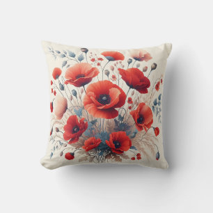 Vintage Red Poppies Floral Botanical Art  Throw Pillow