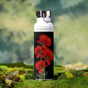 Vintage Red Poppies Floral With Name Water Bottle by encore_arts at Zazzle