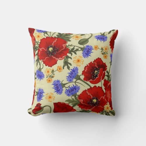 vintage red poppy and blue flowers pillow