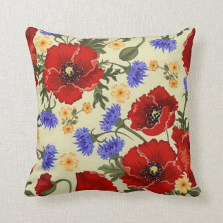 vintage red poppy and blue flowers pillow