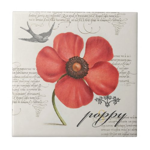 Vintage Red Poppy Drawing  Victorian Typography  Ceramic Tile