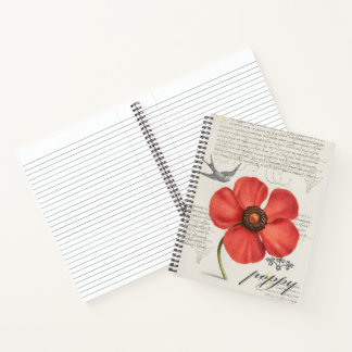 Vintage Red Poppy Drawing + Victorian Typography Notebook