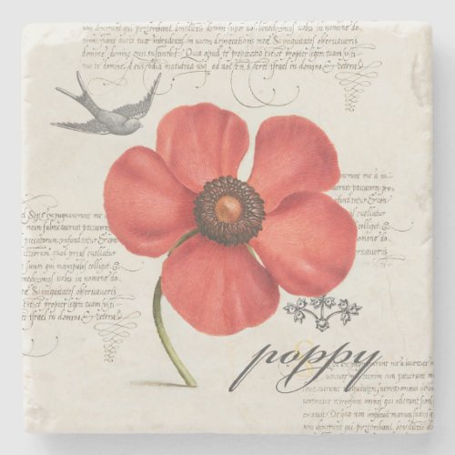 Vintage Red Poppy Drawing  Victorian Typography   Stone Coaster