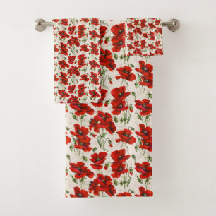 Vintage Red Poppy Floral Pattern Botanical Art Bath Towel Set
