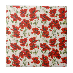 Vintage Red Poppy Floral Pattern Botanical Art Ceramic Tile