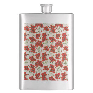 Vintage Red Poppy Floral Pattern Botanical Art Flask