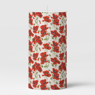 Vintage Red Poppy Floral Pattern Botanical Art Pillar Candle