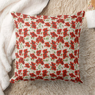 Vintage Red Poppy Floral Pattern Botanical Art Throw Pillow