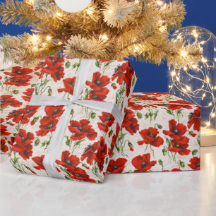 Vintage Red Poppy Floral Pattern Botanical Art Wrapping Paper