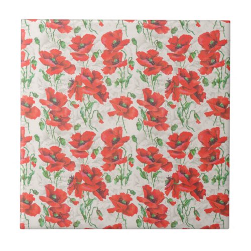 Vintage Red Poppy Floral Pattern Ceramic Tile