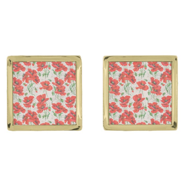Vintage Red Poppy Floral Pattern Cufflinks (Front)