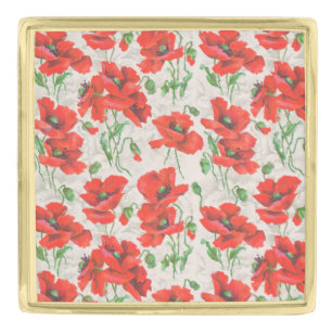 Vintage Red Poppy Floral Pattern Gold Finish Lapel Pin