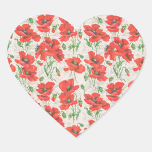 Vintage Red Poppy Floral Pattern Heart Sticker