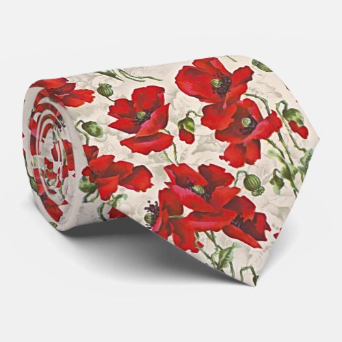 Vintage Red Poppy Floral Pattern Neck Tie