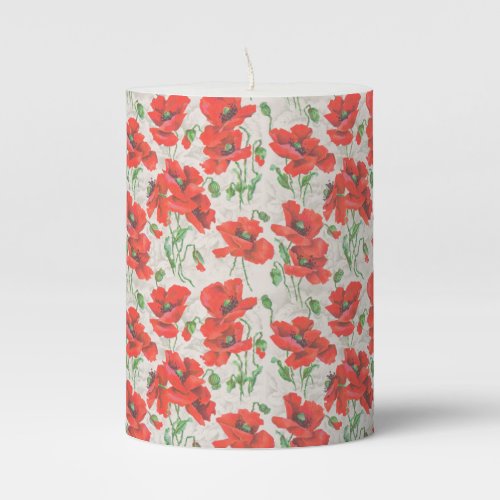 Vintage Red Poppy Floral Pattern Pillar Candle