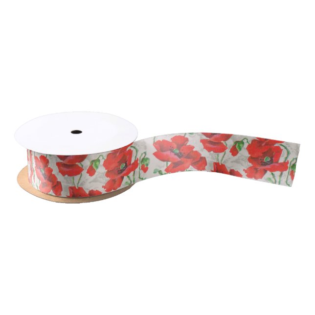 Vintage Red Poppy Floral Pattern Satin Ribbon (Spool)