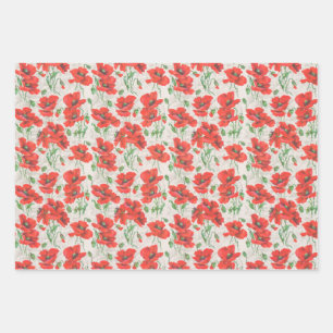 Vintage Red Poppy Floral Pattern Wrapping Paper Sheets