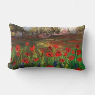 Vintage Red Poppy Flower Field of Floral Delight Lumbar Pillow