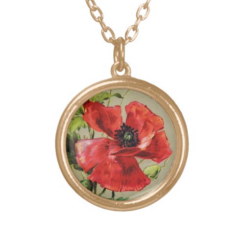 VINTAGE RED POPPY FLOWER GOLD PLATED NECKLACE
