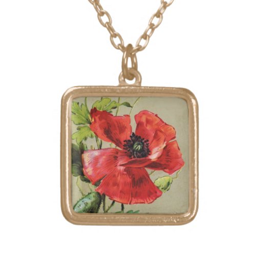 VINTAGE RED POPPY FLOWER GOLD PLATED NECKLACE