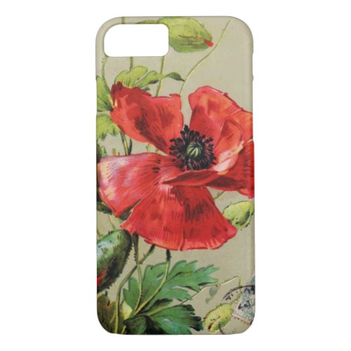 VINTAGE RED POPPY FLOWER IN GREY iPhone 87 CASE