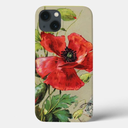 VINTAGE RED POPPY FLOWER IN GREY iPhone 13 CASE