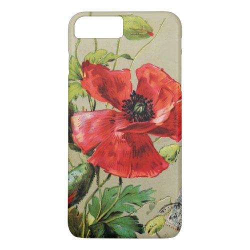 VINTAGE RED POPPY FLOWER IN GREY iPhone 8 PLUS7 PLUS CASE