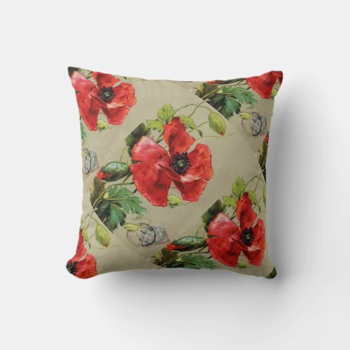 VINTAGE RED POPPY FLOWERS THROW PILLOW
