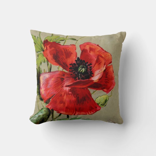 Vintage Red Poppy Throw Pillow (Front)
