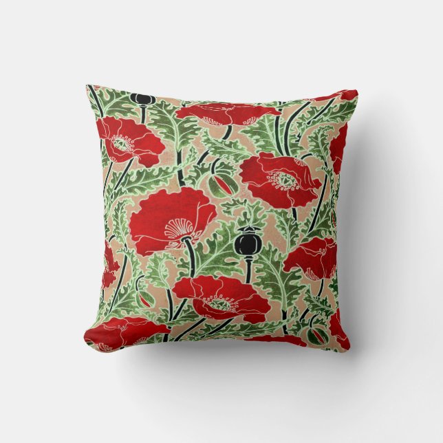 Vintage Red Poppy Throw Pillow (Front)