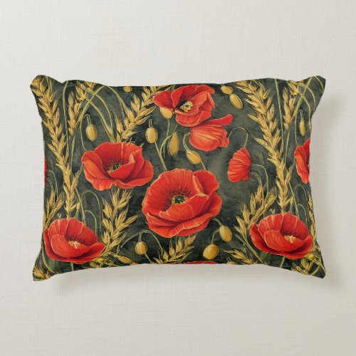 Vintage Red Poppy Wheat Farmhouse Accent Pillow