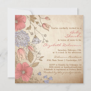 Vintage Red & Purple Flowers Baby Shower Invitation