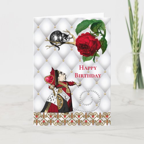 Vintage Red Queen Cat Rose Birthday Card