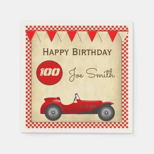 Vintage red race car and flags 100 birthday paper napkins