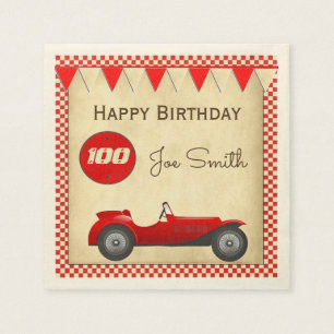 Vintage red race car and flags 100 birthday paper napkins