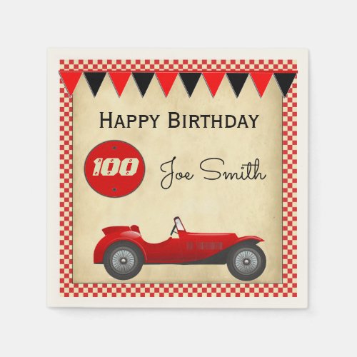 Vintage red race car and flags 100 birthday paper napkins