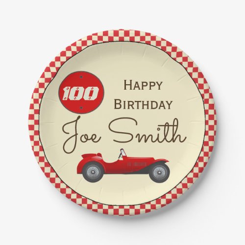 Vintage red race car and flags 100 birthday paper plates