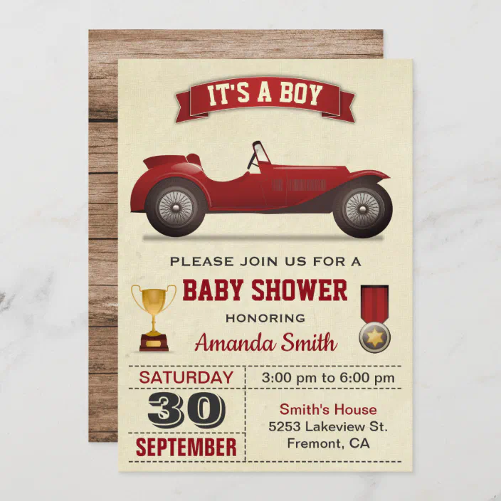 Vintage Red Race Car Baby Shower Invitation Zazzle Com