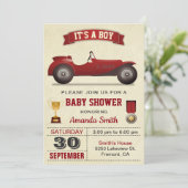 Vintage Red Race Car Baby Shower Invitation (Standing Front)