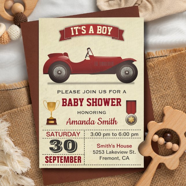 Vintage Red Race Car Baby Shower Invitation