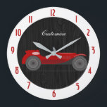 Vintage Red Race Car Black Red Customize Large Clo Clock<br><div class="desc">A decorative and unique wall clock will enhance any home décor. Vintage Red Race Car Black Red Customize Wall Clock. Personalize with name,  initials,  message,  quote,  or anything you desire. May also be removed. Add a custom-made design wall clock to any room or office; makes a great gift idea.</div>