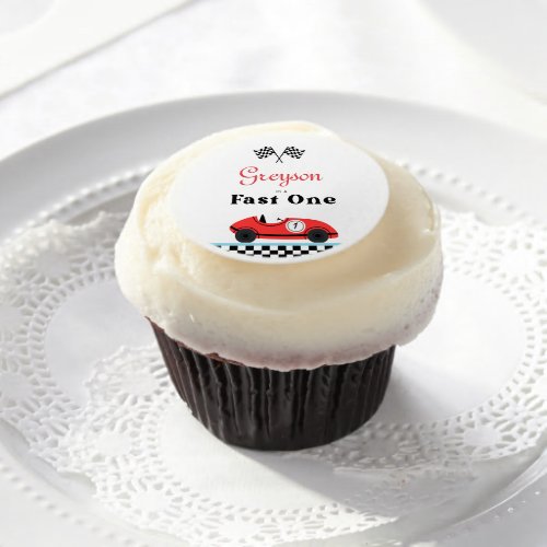 Vintage Red Race Car First Birthday Fast One  Edible Frosting Rounds