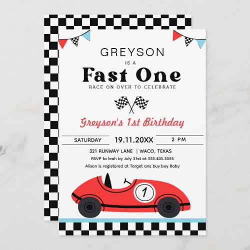 Vintage Red Race Car First Birthday Fast One Invitation