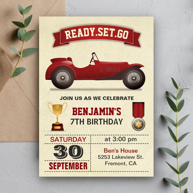 Vintage Red Race Car Kids Birthday Party Invite (Creator Uploaded)